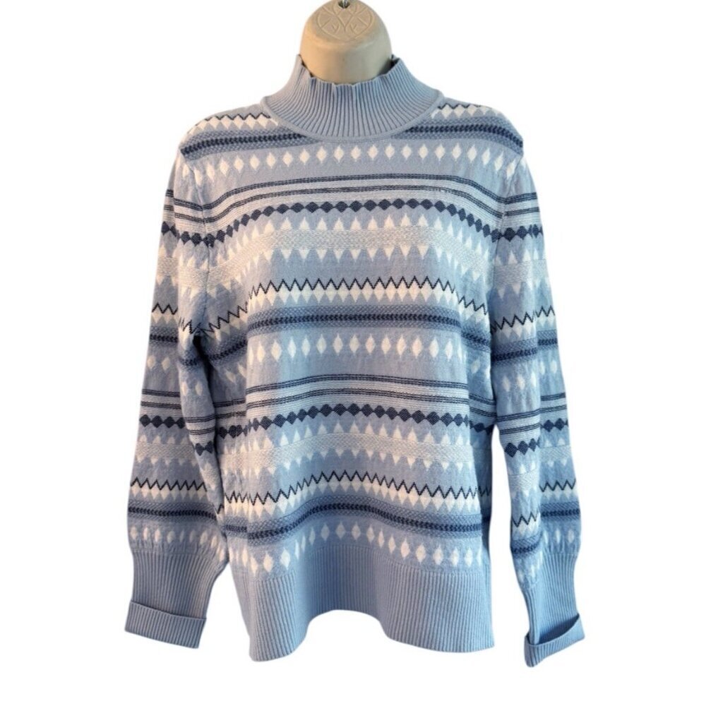 Aspen Woman's Sz L Blue White Fair Isle Mock Neck Sweater Ski Winter Outdoor - Picture 2 of 7